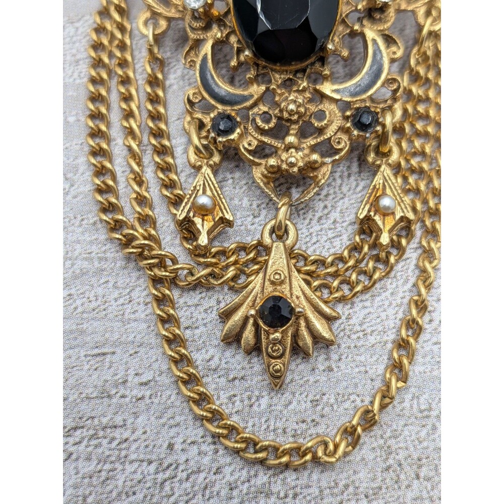 Florenza Brooch Black Cabochon Drape Chain Gold Tone Filigree 2.5in Signed Pin - Picture 7 of 16